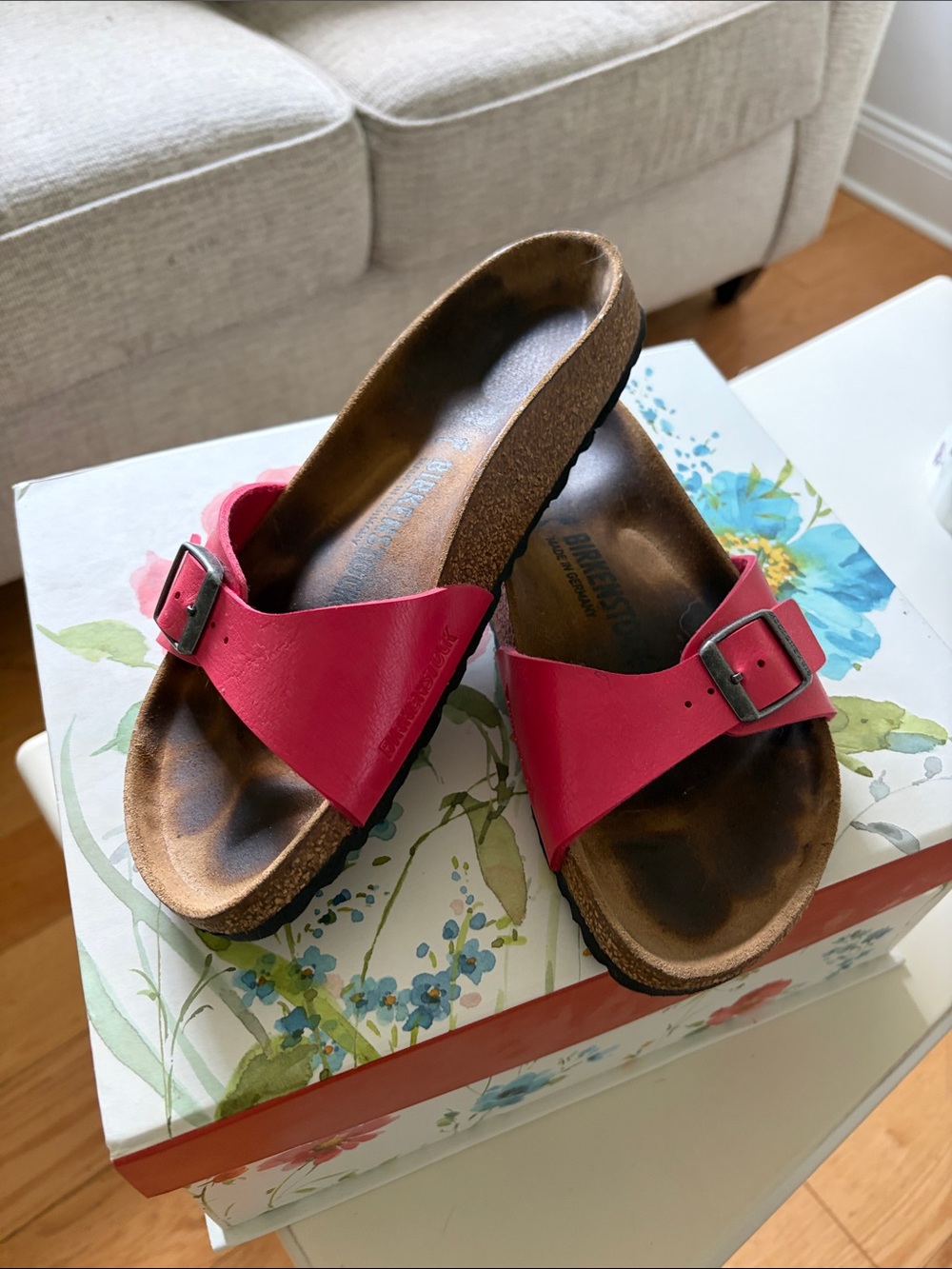 Birkenstocks Women’s Pink Single-Band Cork Footbed Sandals